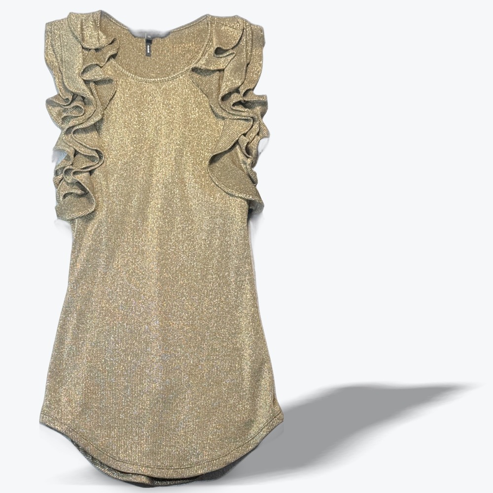 Marissa Webb Sleeveless Blouse Metallic Gold Knit Statement Ruffle Tunic Top XS